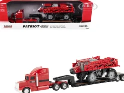 Semi Truck Red with Flatbed Trailer and Case IH Patriot 4350 Sprayer Red "Case IH Agriculture" Series 1/64 Diecast Models by ERTL TOMY