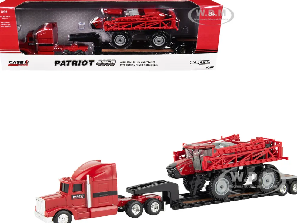 Semi Truck Red with Flatbed Trailer and Case IH Patriot 4350 Sprayer Red "Case IH Agriculture" Series 1/64 Diecast Models by ERTL TOMY
