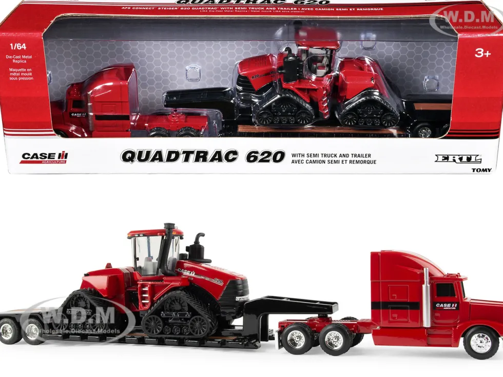 Semi Truck Red with Flatbed Trailer and Case IH Quadtrac 620 Tractor Red "Case IH Agriculture" Series 1/64 Diecast Models by ERTL TOMY
