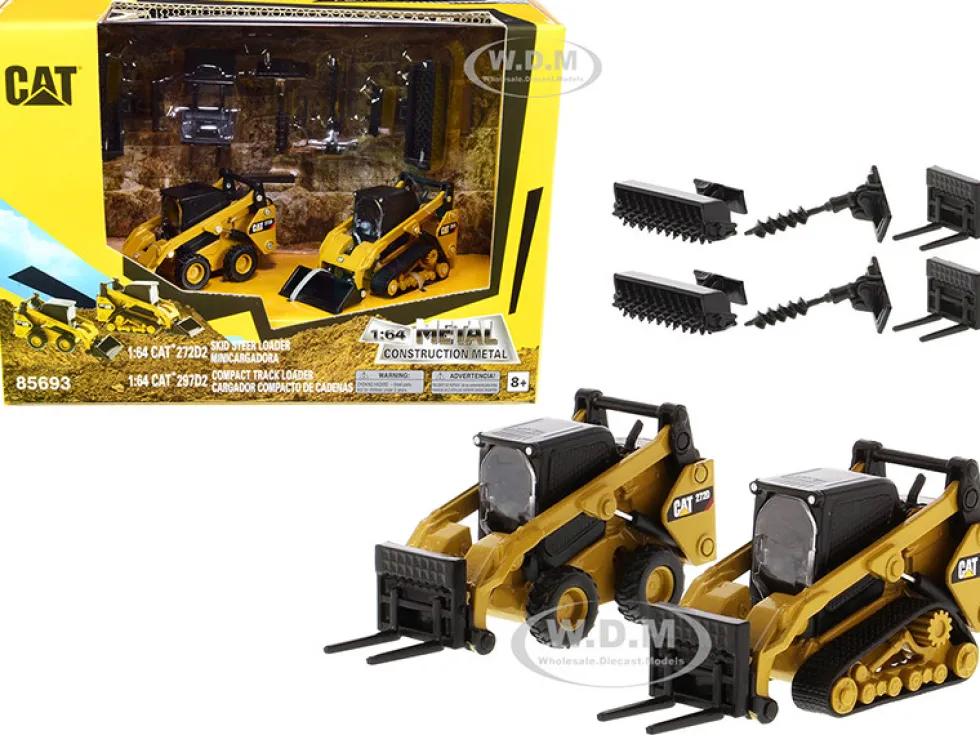Set of 2 pieces CAT Caterpillar 272D2 Skid Steer Loader CAT Caterpillar 297D2 Compact Track Loader Accessories 1/64 Diecast Models Diecast Masters 85693