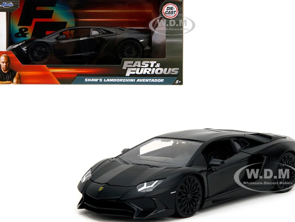 Shaw's Lamborghini Aventador Matt Black "Furious 7" (2015) Movie "Fast & Furious" Series 1/24 Diecast Model Car by Jada