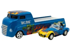 Shelby Cobra Super Snake Blue Metallic with Flames and Custom "Rat Fink" Hauler Blue Metallic with Flames and Graphics 1/64 Diecast Model Cars by ACME