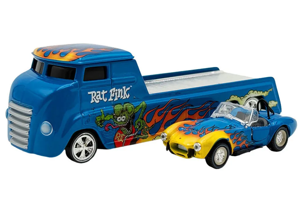 Shelby Cobra Super Snake Blue Metallic with Flames and Custom "Rat Fink" Hauler Blue Metallic with Flames and Graphics 1/64 Diecast Model Cars by ACME