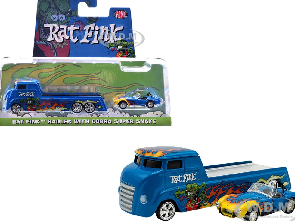 Shelby Cobra Super Snake Blue Metallic with Flames and Custom "Rat Fink" Hauler Blue Metallic with Flames and Graphics 1/64 Diecast Model Cars by ACME