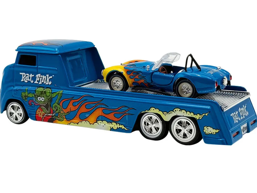 Shelby Cobra Super Snake Blue Metallic with Flames and Custom "Rat Fink" Hauler Blue Metallic with Flames and Graphics 1/64 Diecast Model Cars by ACME