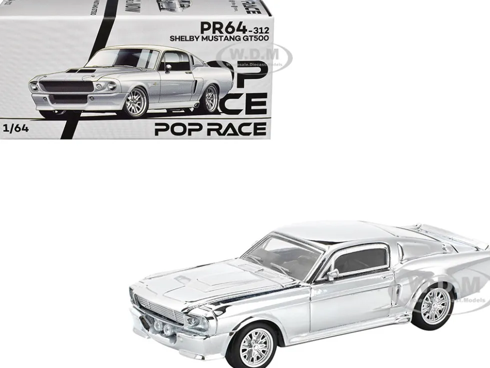 Shelby Mustang GT500 Silver Chrome 1/64 Diecast Model Car by Pop Race