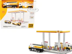 Shell Gas Station Playset with Volvo Oil Tanker and Volvo Tow Truck Diorama Set