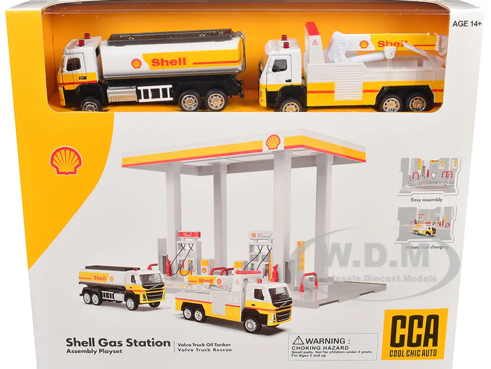 Shell Gas Station Playset with Volvo Oil Tanker and Volvo Tow Truck Diorama Set