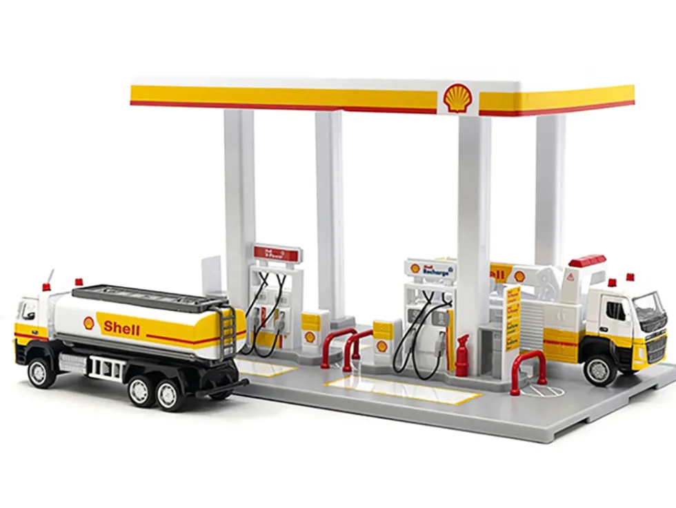 Shell Gas Station Playset with Volvo Oil Tanker and Volvo Tow Truck Diorama Set