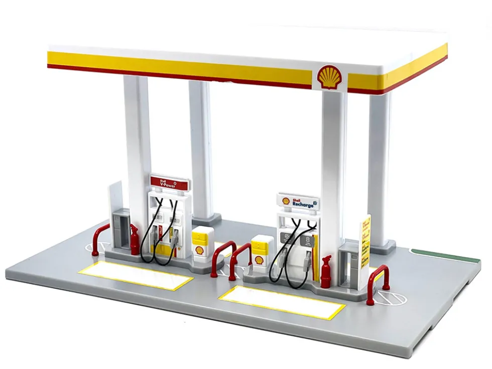 Shell Gas Station Playset with Volvo Oil Tanker and Volvo Tow Truck Diorama Set
