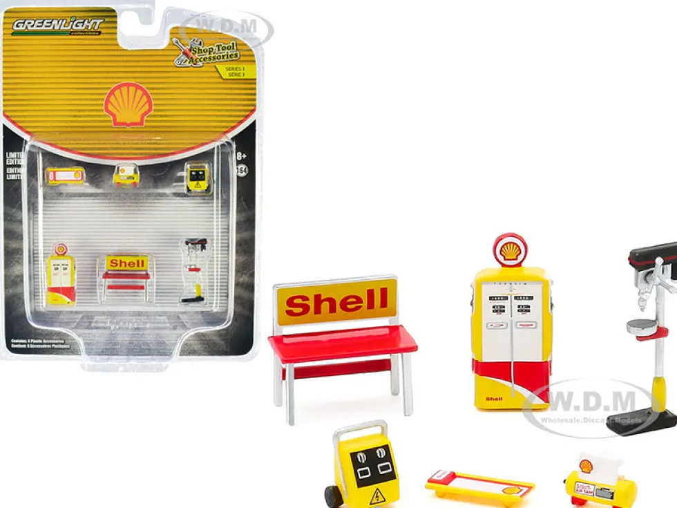 Shell Oil 6 piece Shop Tools Set Shop Tool Accessories Series 3 1/64 Greenlight 16060 C
