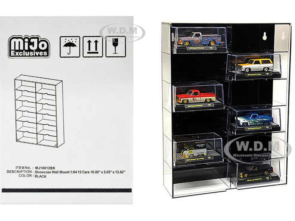 Showcase 12 Car Display Case Wall Mount Black Back Panel Extra Space Mijo Exclusives 1/64 Scale Models MJ10012BK