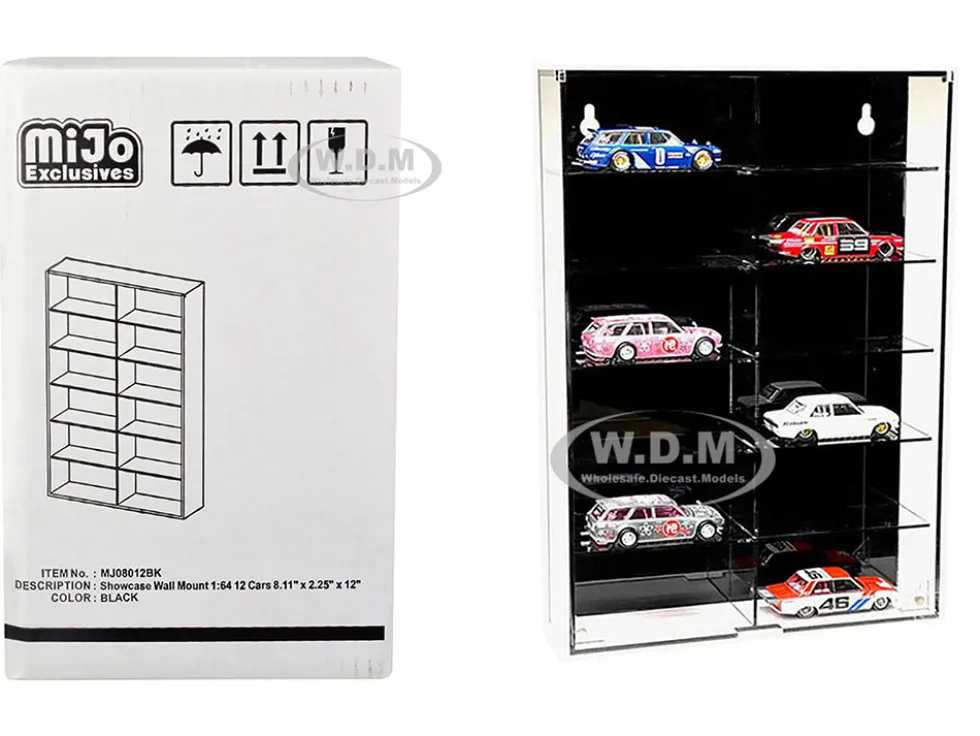 Showcase 12 Car Display Case Wall Mount Black Back Panel Mijo Exclusives 1/64 Scale Models MJ08012BK