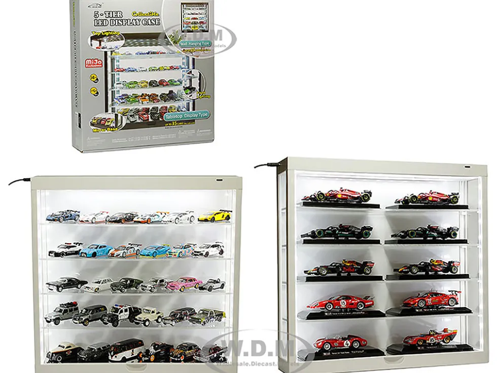 Showcase Wall Mount 5 Tier Display Case White with White Back Panel Mijo Exclusives for 1/64-1/43 Scale Models MJ8850W