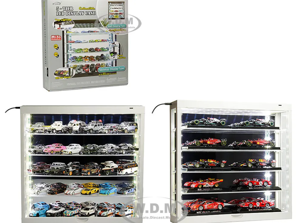 Showcase Wall Mount 5 Tier Display Case White with Mirror Back Panel Mijo Exclusives 1/64-1/43 Scale Models MJ8850MW