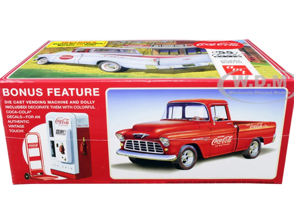 Skill 3 Model Kit 1955 Chevrolet Cameo Pickup Truck Coca Cola Vintage Vending Machine and Dolly 1/25 Scale Model AMT AMT1094