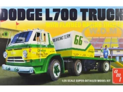 Skill 3 Model Kit 1966 Dodge L700 Truck with Flatbed Racing Trailer 1/25 Scale Model AMT AMT1368