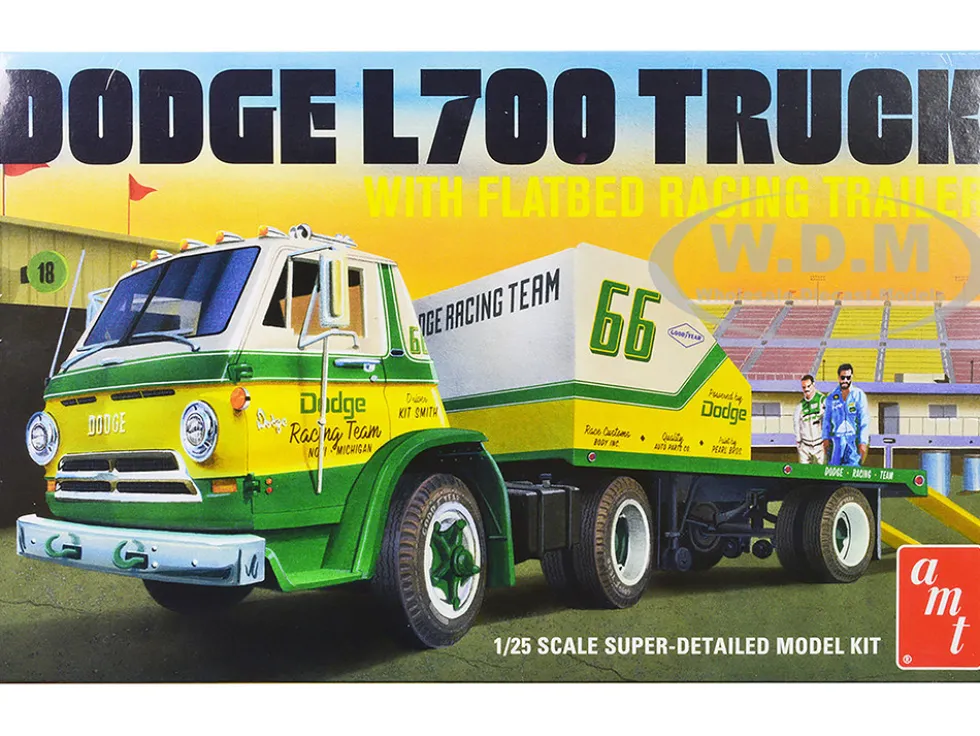 Skill 3 Model Kit 1966 Dodge L700 Truck with Flatbed Racing Trailer 1/25 Scale Model AMT AMT1368
