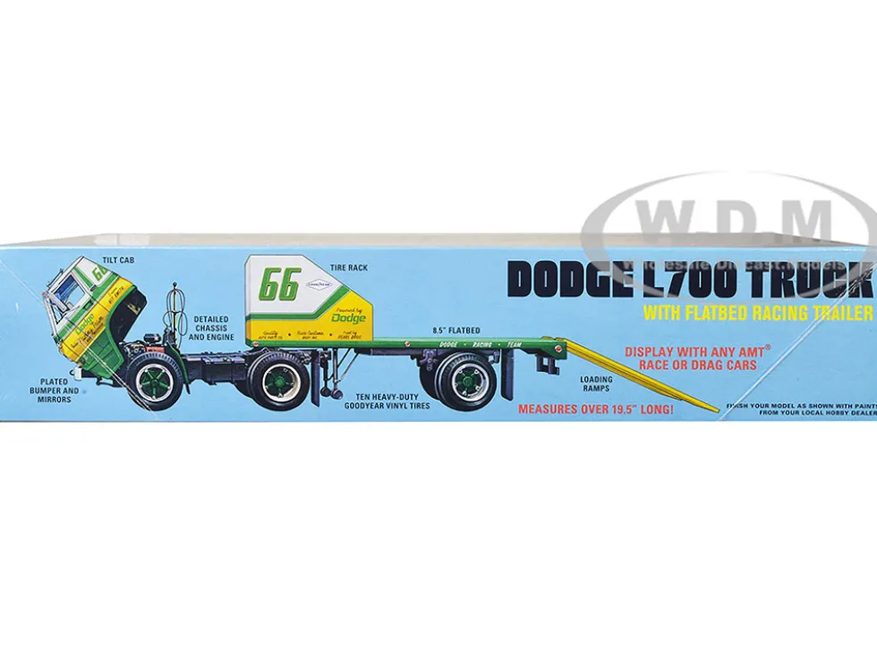 Skill 3 Model Kit 1966 Dodge L700 Truck with Flatbed Racing Trailer 1/25 Scale Model AMT AMT1368
