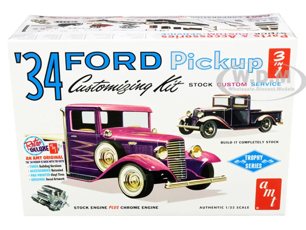 Skill 2 Model Kit 1934 Ford Pickup Truck 3 in 1 Kit Trophy Series 1/25 Scale Model AMT AMT1120