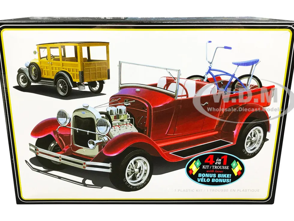 Skill 2 Model Kit 1929 Ford Woody Pickup 4-in-1 Kit Bike 1/25 Scale Model AMT AMT1269 M