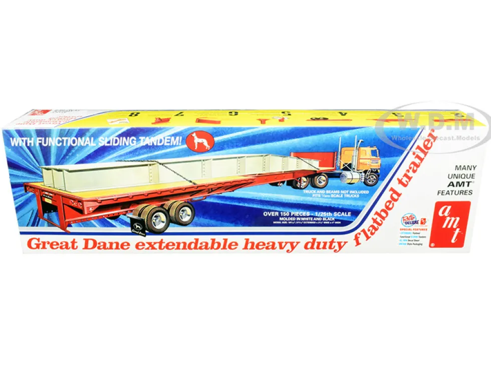 Skill 3 Model Kit Great Dane Extendable Heavy Duty Flat Bed Trailer with Functional Sliding Tandem 1/25 Scale Model AMT AMT1111
