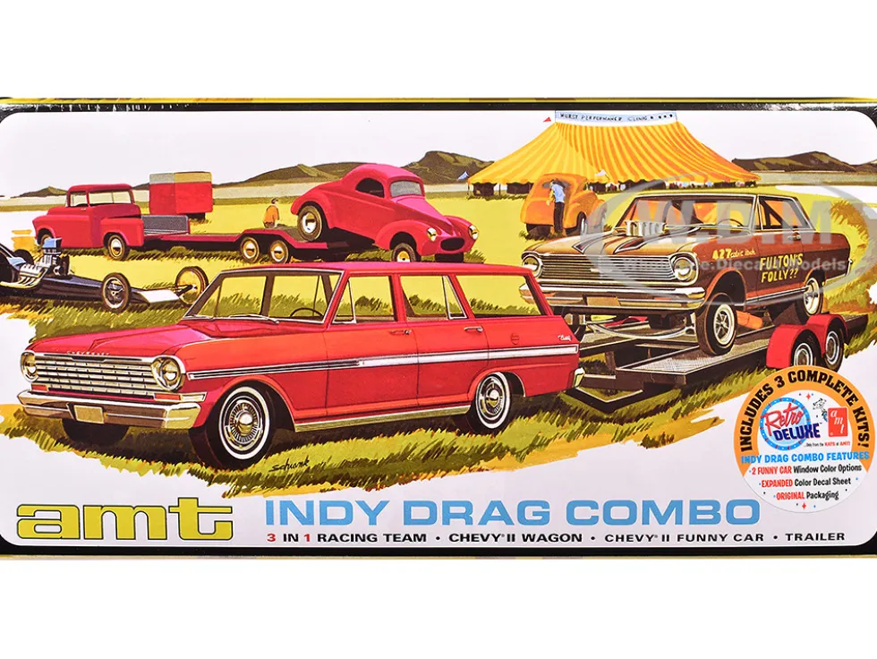 Skill 2 Model Kit Indy Drag Combo Chevrolet II Wagon and Funny Car with Trailer 3 in 1 Set 1/25 Scale Model by AMT