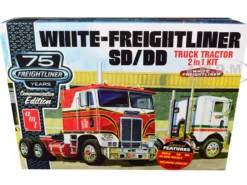 Skill 3 Model Kit White Freightliner SD/DD Truck Tractor 2 in 1 Kit Display Base 75th Freightliner Anniversary Commemorative Edition 1/25 Scale Model AMT AMT1046