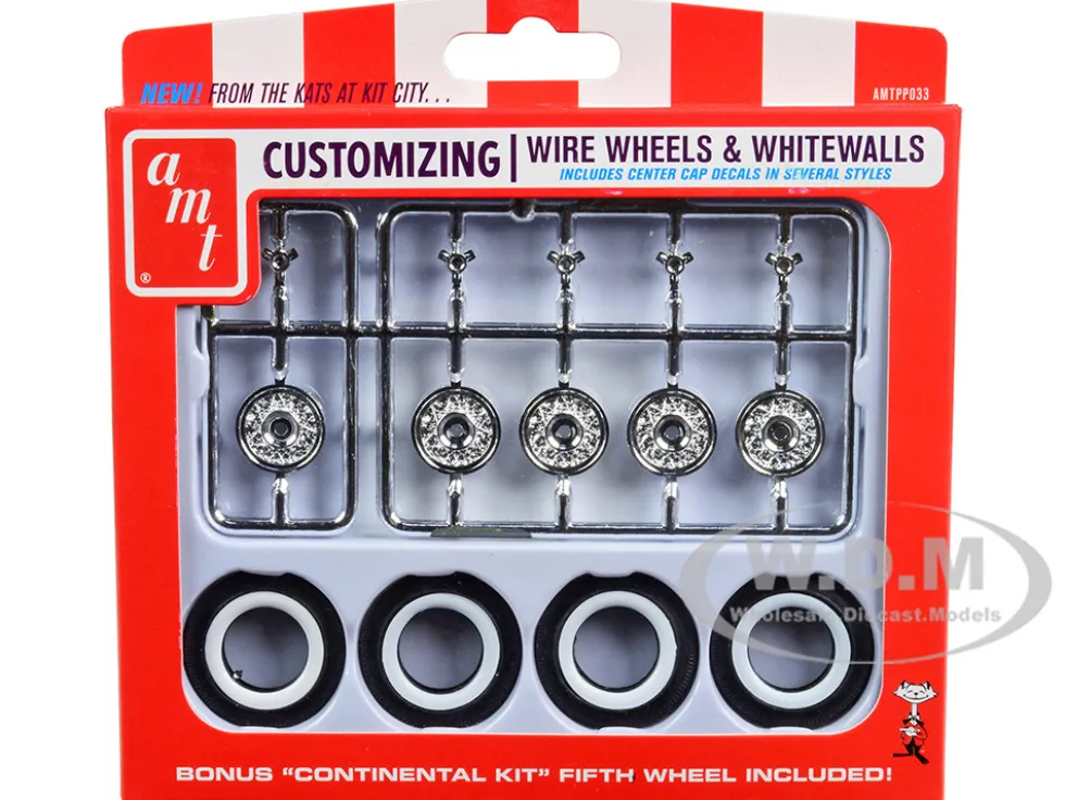 Skill 2 Model Kit Wire Wheels Whitewall Tires Set 5 Pieces 1/25 Scale Models AMT AMTPP033
