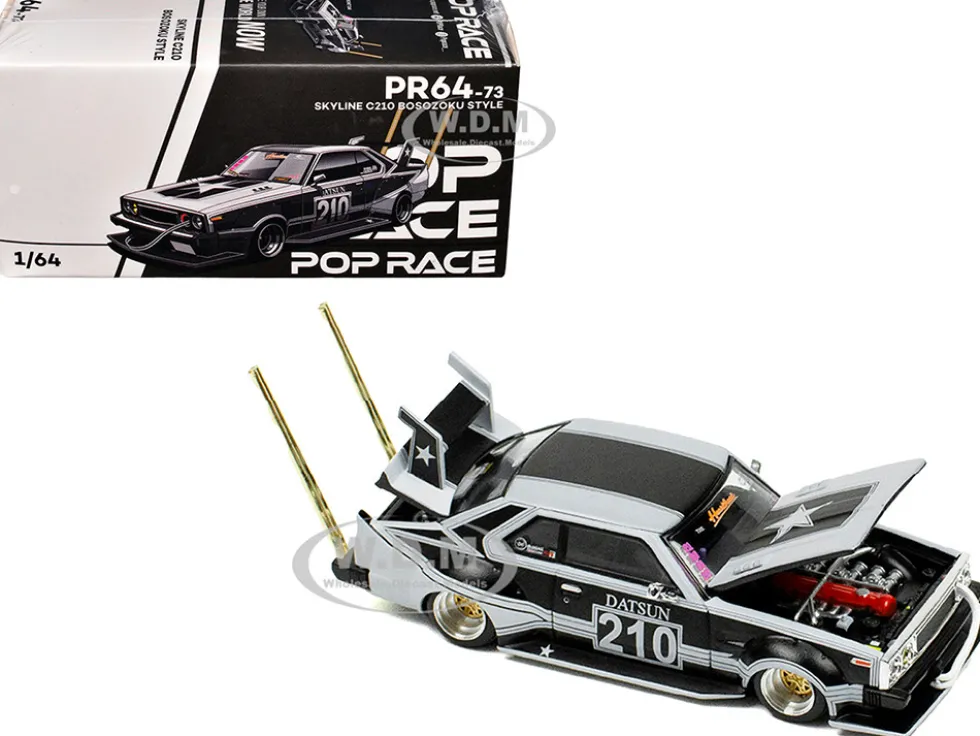 Skyline C210 "Bosozoku Style" RHD (Right Hand Drive) #210 Matt Black and Silver 1/64 Diecast Model Car by Pop Race