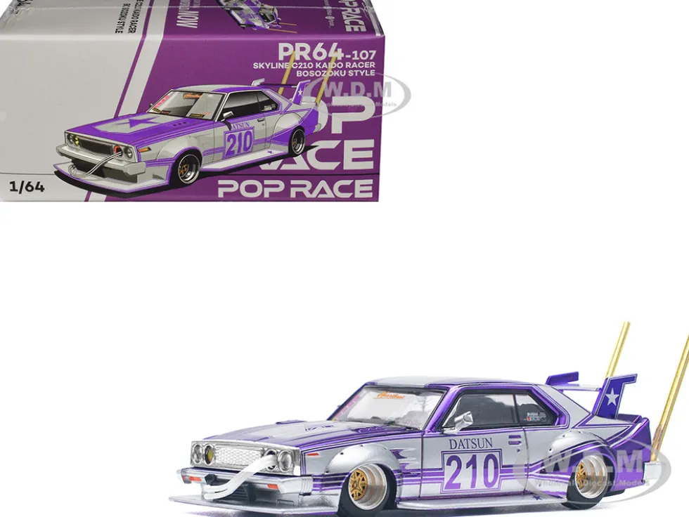 Skyline C210 Kaido Racer "Bosozoku Style" RHD (Right Hand Drive) #210 Purple and Silver 1/64 Diecast Model Car by Pop Race