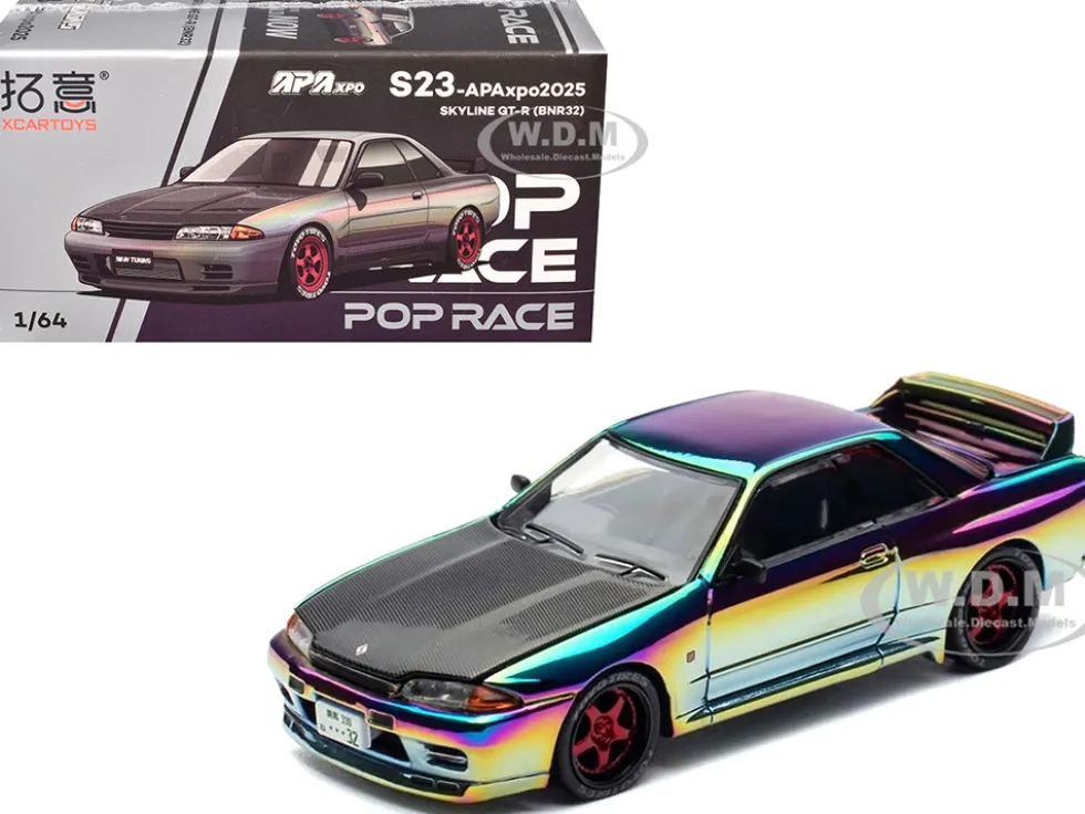 Skyline GT-R (BNR32) RHD (Right Hand Drive) Chameleon Chrome with Carbon Hood "APA XPO 2025 Exclusive 1/64 Diecast Model Car by Pop Race