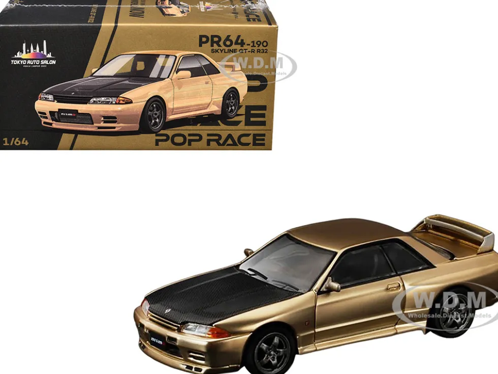Skyline GT-R R32 RHD (Right Hand Drive) Chrome Gold with Carbon Hood "Tokyo Auto Salon 2025" 1/64 Diecast Model Car by Pop Race