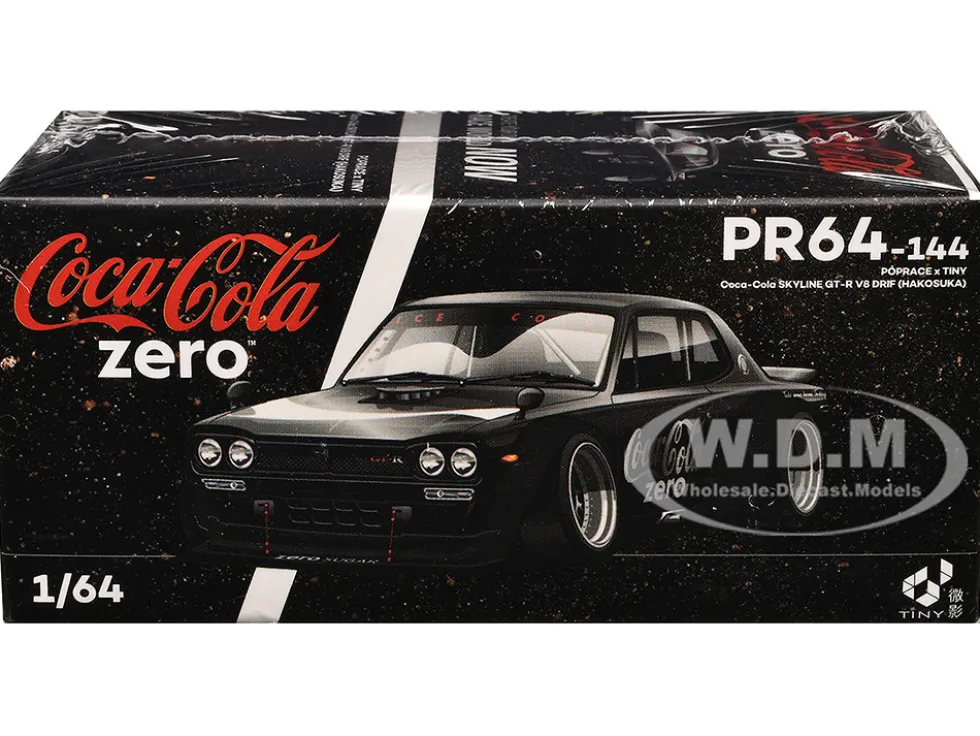 Skyline GT-R V8 Drift "Hakosuka" RHD (Right Hand Drive) "Coca-Cola Zero" Dark Chrome and Black 1/64 Diecast Model Car by Pop Race