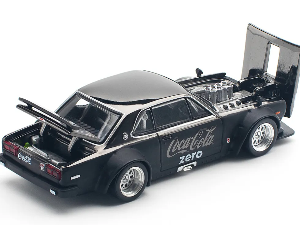 Skyline GT-R V8 Drift "Hakosuka" RHD (Right Hand Drive) "Coca-Cola Zero" Dark Chrome and Black 1/64 Diecast Model Car by Pop Race