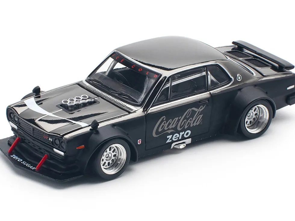 Skyline GT-R V8 Drift "Hakosuka" RHD (Right Hand Drive) "Coca-Cola Zero" Dark Chrome and Black 1/64 Diecast Model Car by Pop Race