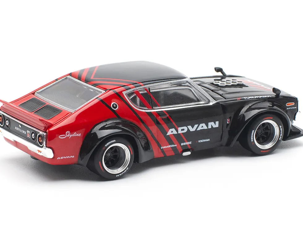 Skyline KPGC110 "Kenmeri" RHD (Right Hand Drive) "ADVAN" Black and Red 1/64 Diecast Model Car by Pop Race