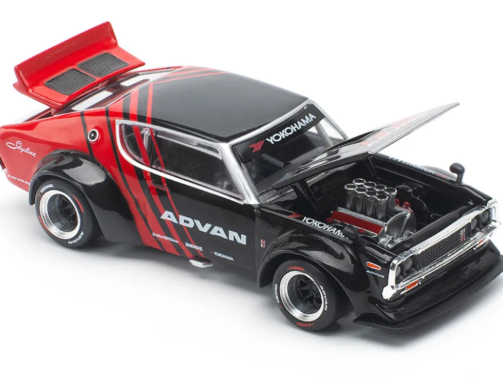 Skyline KPGC110 "Kenmeri" RHD (Right Hand Drive) "ADVAN" Black and Red 1/64 Diecast Model Car by Pop Race