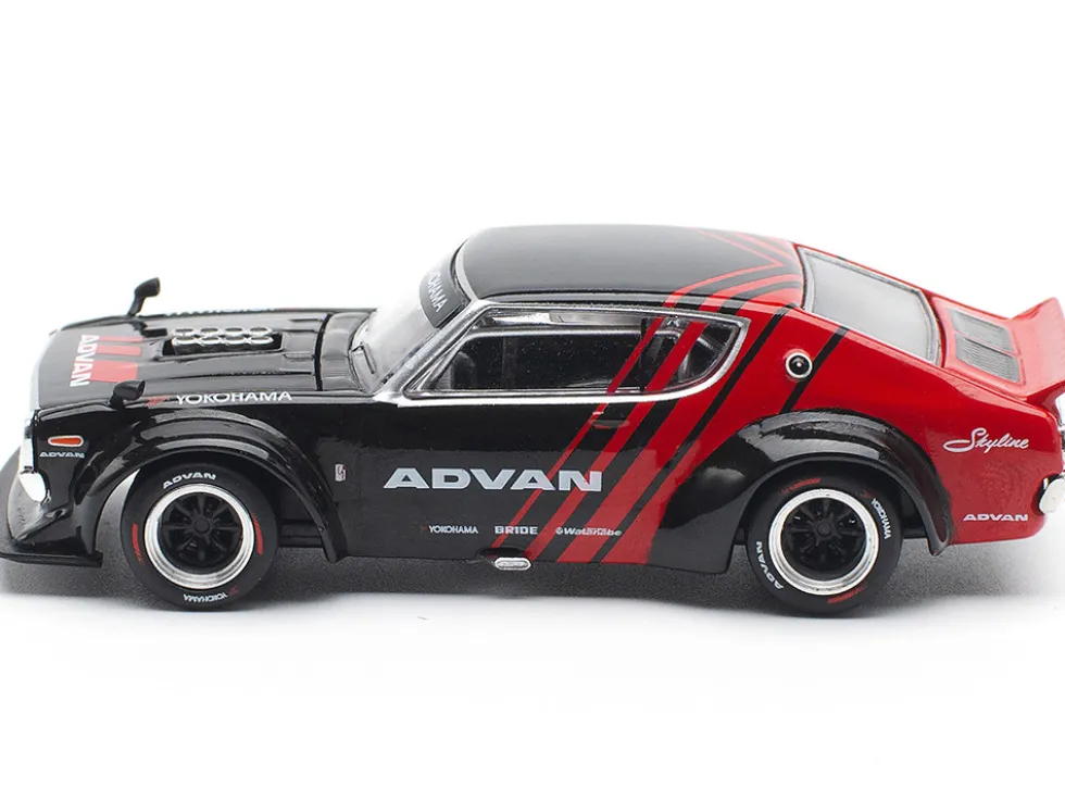 Skyline KPGC110 "Kenmeri" RHD (Right Hand Drive) "ADVAN" Black and Red 1/64 Diecast Model Car by Pop Race