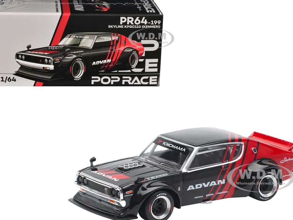 Skyline KPGC110 "Kenmeri" RHD (Right Hand Drive) "ADVAN" Black and Red 1/64 Diecast Model Car by Pop Race