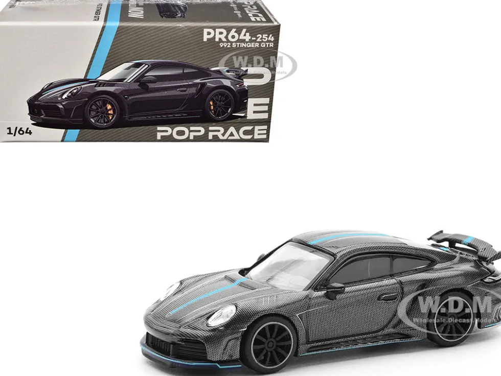 992 Stinger GTR Carbon Edition with Blue Stripe 1/64 Diecast Model Car by Pop Race