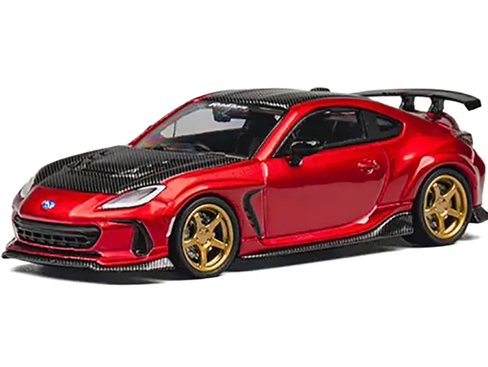 Subaru BRZ Varis Arising-1 RHD (Right Hand Drive) Red Metallic with Carbon Hood and Top and Extra Wheels 1/64 Diecast Model Car by CM Model