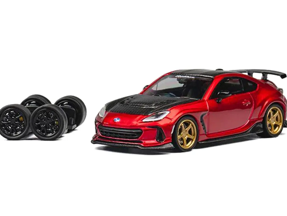 Subaru BRZ Varis Arising-1 RHD (Right Hand Drive) Red Metallic with Carbon Hood and Top and Extra Wheels 1/64 Diecast Model Car by CM Model