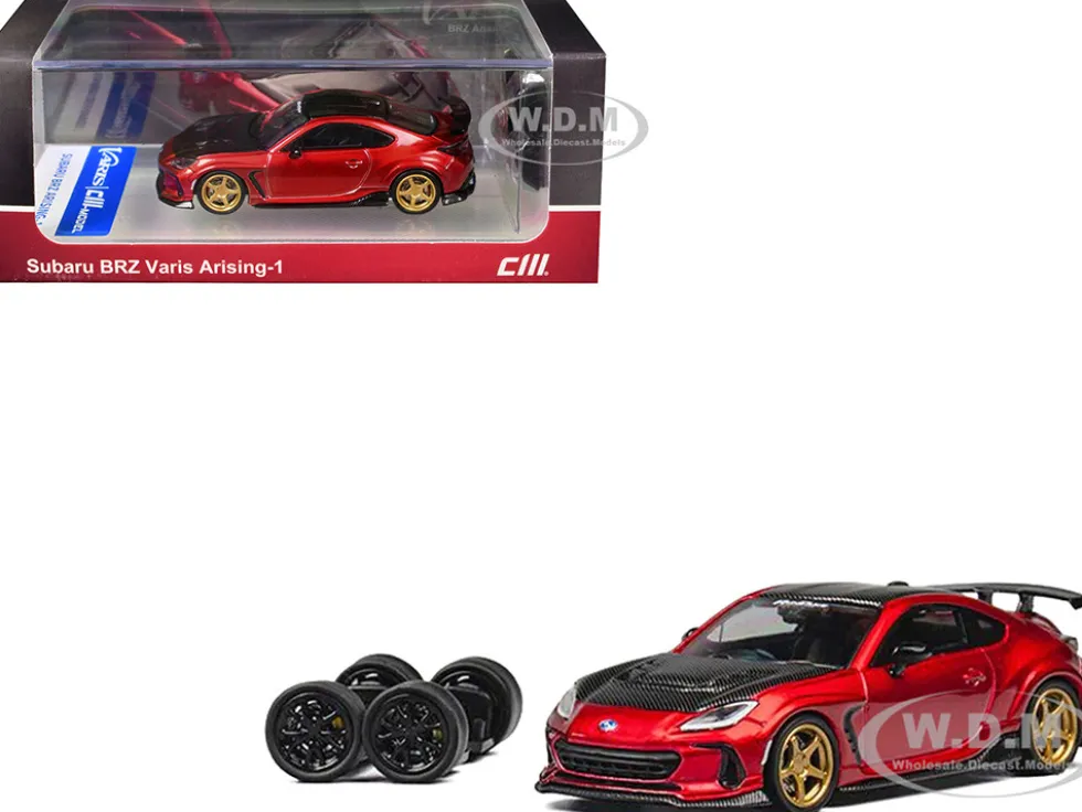 Subaru BRZ Varis Arising-1 RHD (Right Hand Drive) Red Metallic with Carbon Hood and Top and Extra Wheels 1/64 Diecast Model Car by CM Model