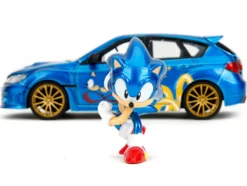 2012 Subaru Impreza WRX STI Blue Metallic with Graphics and Sonic The Hedgehog Diecast Figure "Sonic The Hedgehog" "Hollywood Rides" Series 1/24 Diecast Model Car by Jada