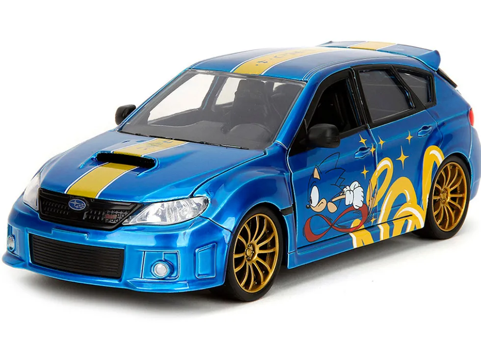 2012 Subaru Impreza WRX STI Blue Metallic with Graphics and Sonic The Hedgehog Diecast Figure "Sonic The Hedgehog" "Hollywood Rides" Series 1/24 Diecast Model Car by Jada