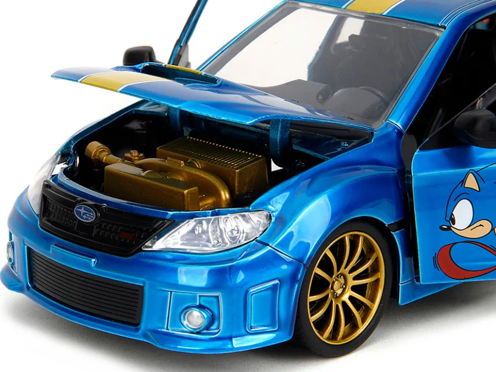2012 Subaru Impreza WRX STI Blue Metallic with Graphics and Sonic The Hedgehog Diecast Figure "Sonic The Hedgehog" "Hollywood Rides" Series 1/24 Diecast Model Car by Jada