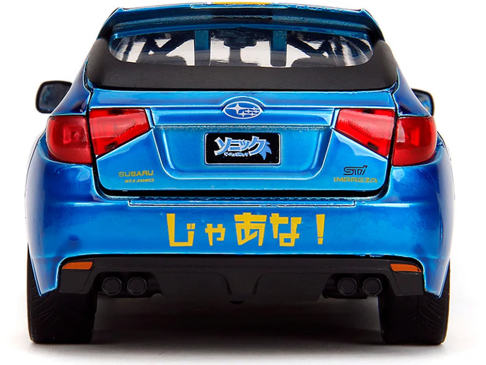 2012 Subaru Impreza WRX STI Blue Metallic with Graphics and Sonic The Hedgehog Diecast Figure "Sonic The Hedgehog" "Hollywood Rides" Series 1/24 Diecast Model Car by Jada