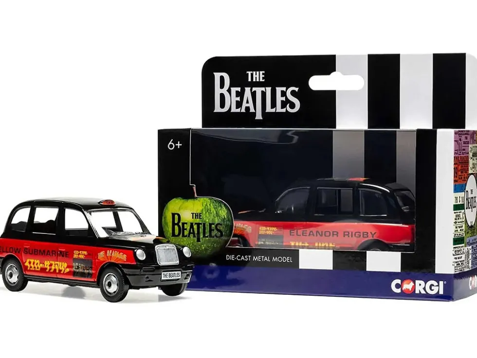 The Beatles London Taxi RHD (Right Hand Drive) "Eleanor Rigby - Yellow Submarine" Black and Red with Graphics Diecast Model Car by Corgi