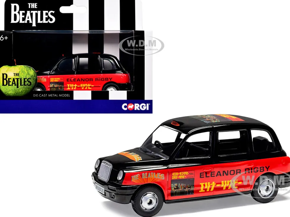 The Beatles London Taxi RHD (Right Hand Drive) "Eleanor Rigby - Yellow Submarine" Black and Red with Graphics Diecast Model Car by Corgi
